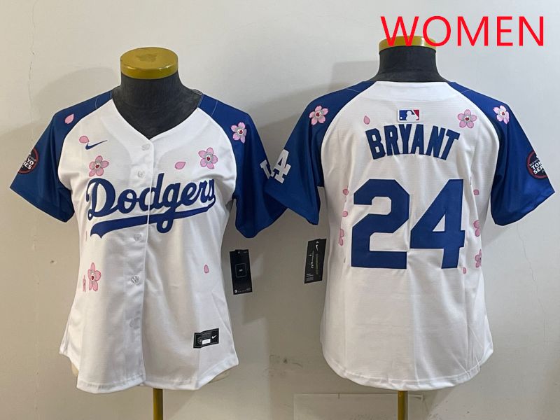Women Los Angeles Dodgers #24 Bryant White Blue Sakura Edition 2025 Nike MLB Jersey style 5